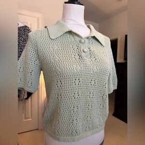 Green T Tahari🤍 ✨ Chic Textured Scallop Crochet Knit Polo Tee - green